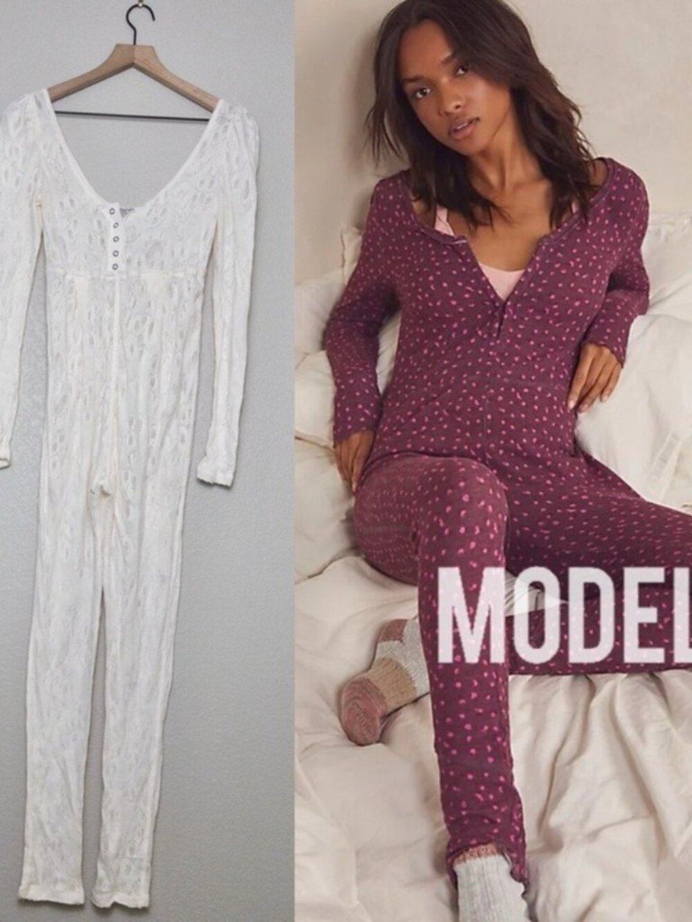 NEW Free People Intimately Home Alone Long Johns S Ivory Lace Onesie Pajamas